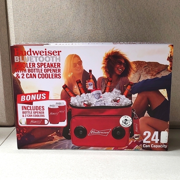 Budweiser Bluetooth Cooler Speaker With Bottle Opener & 2 Can Cooler - Picture 1 of 6
